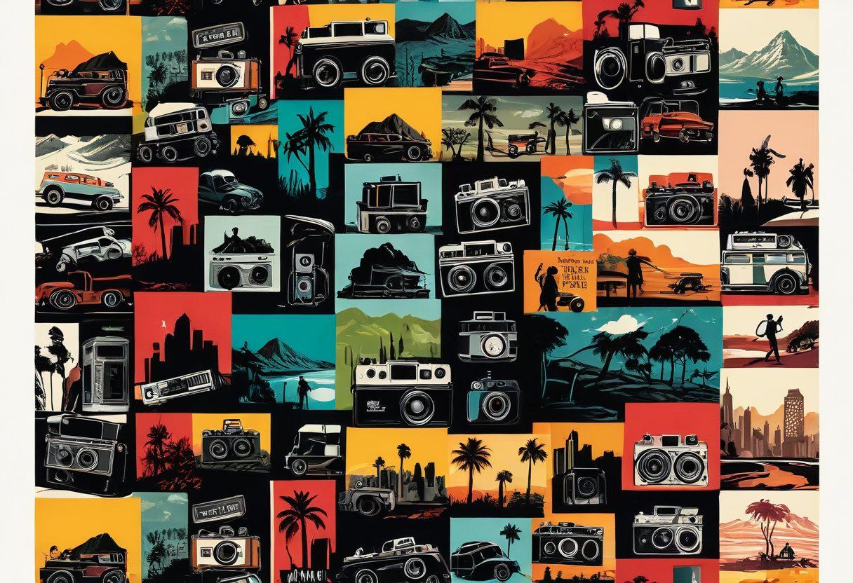 A visually engaging collage featuring iconic and lesser-known locations associated with adult films, showcasing a mix of film reels, vintage cameras, and artistic representations of landscapes. Elements like subtle filmography symbols and spotlight effects enhance the theme of discovery. The overall atmosphere should evoke curiosity and exploration, inviting viewers to dive deeper. vibrant colors. modern illustration style.