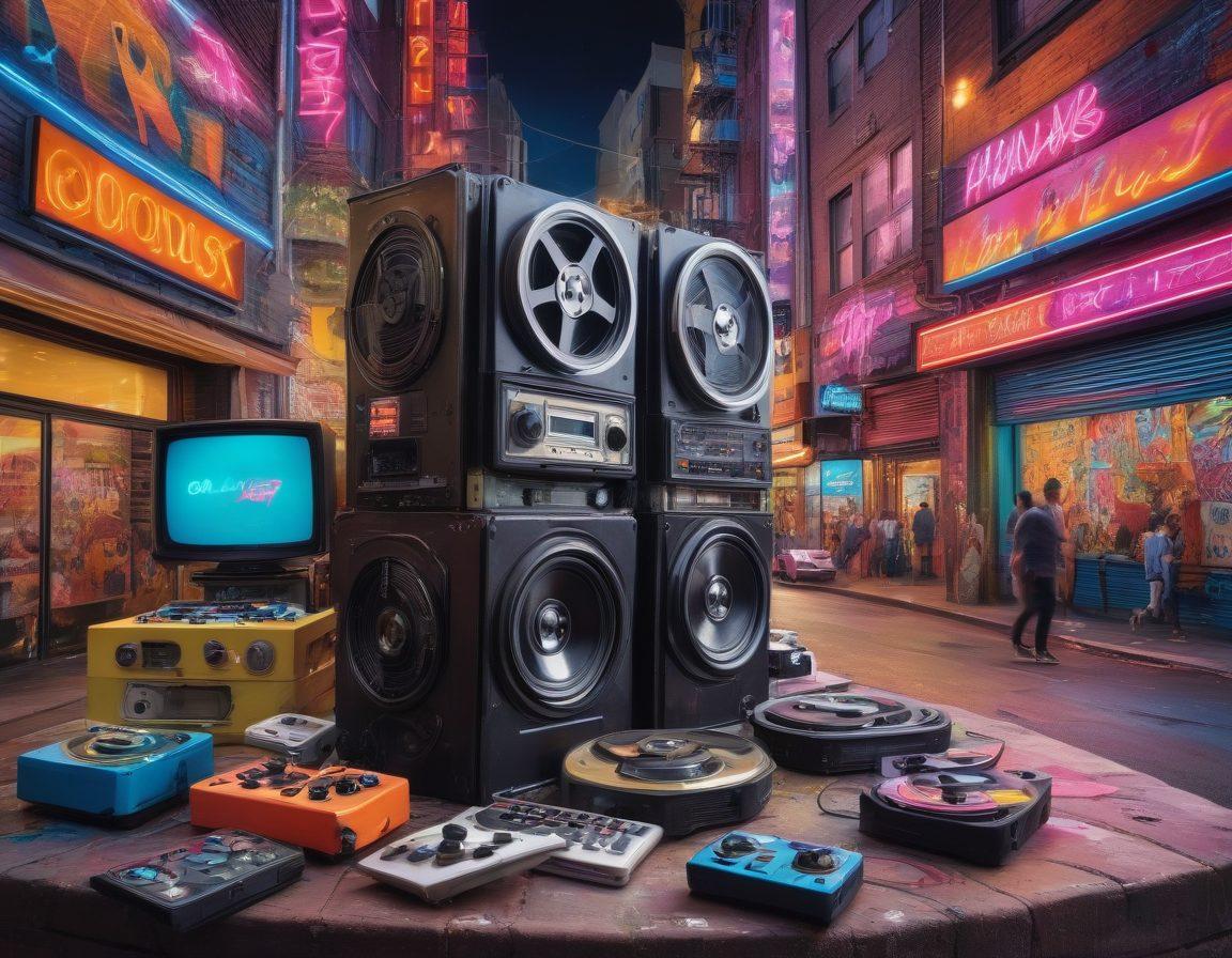 A vibrant, dynamic collage showcasing various mature and explicit multimedia entertainment forms like movies, video games, and art, set within a lively urban backdrop. Include elements like iconic film reels, gaming controllers, and provocative art pieces, blending seamlessly into an engaging community vibe. The overall tone should be inviting yet bold, reflecting diversity and creativity. super-realistic. vibrant colors.
